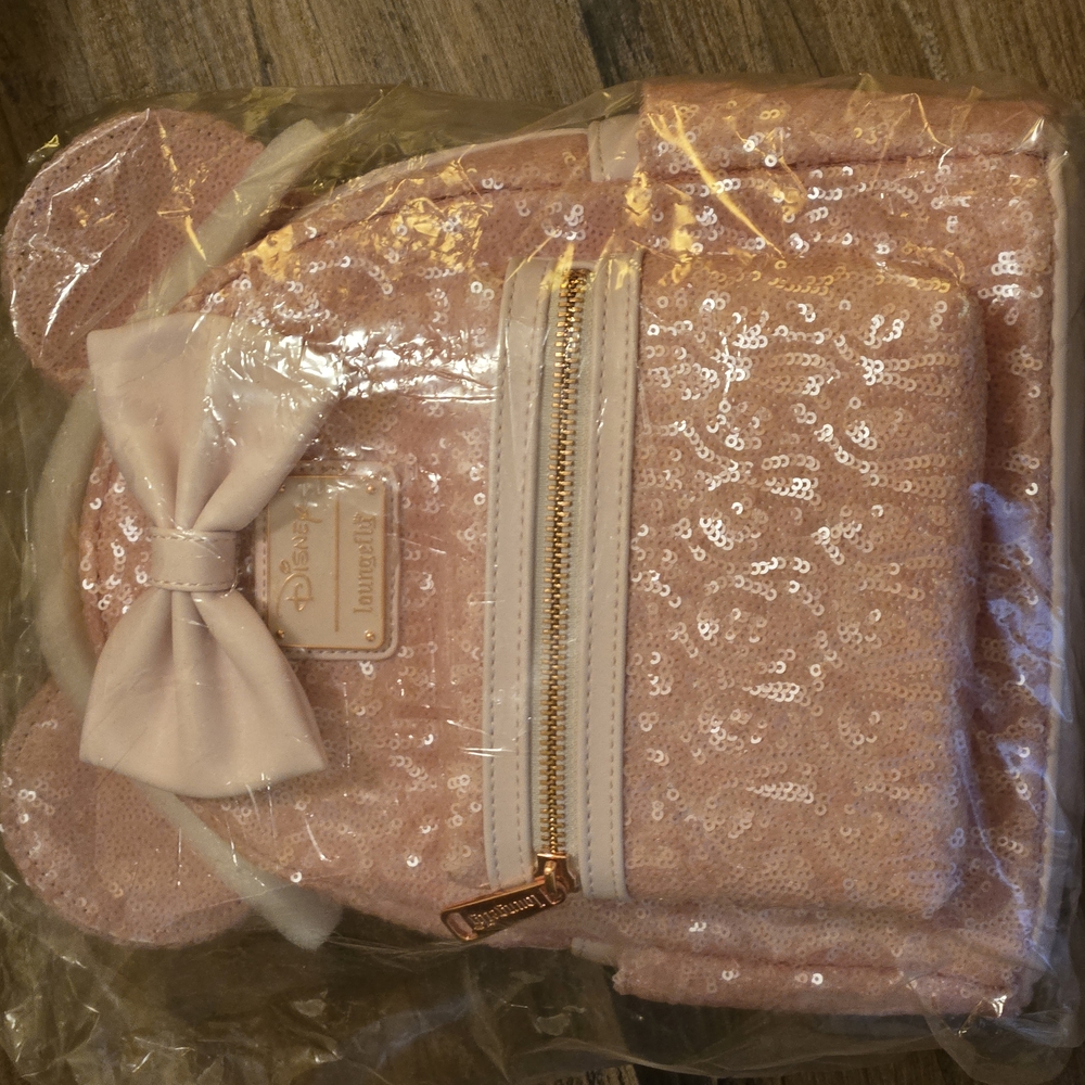 Loungefly Disney Cotton Candy Minnie Mouse Pink Sequin Mini Bag with Bow
